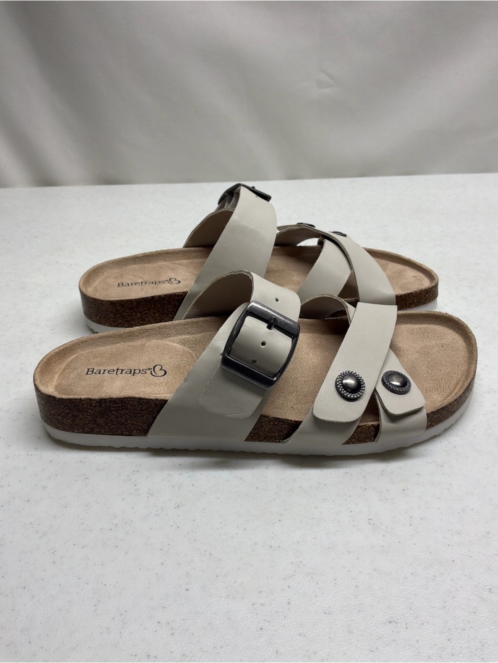 BareTraps Neutral Beige Triple-Strap Slide Sandals with Buckle NWOT